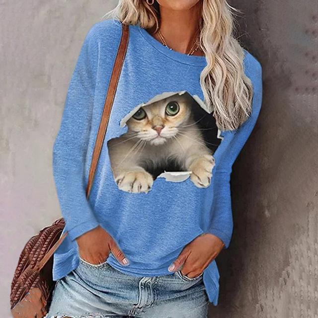 春新作 送料無料 トップス 新作 Tシャツ レディース 長袖 可愛い猫 大きいサイズ 3XL 4XL 5XL プリントTシャツ カットソー シンプル 丸襟 ゆったり 体型カーバー ルームウエア 女性用 カジュアル ねこ ネコ 動物柄_5