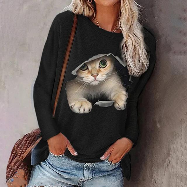 春新作 送料無料 トップス 新作 Tシャツ レディース 長袖 可愛い猫 大きいサイズ 3XL 4XL 5XL プリントTシャツ カットソー シンプル 丸襟 ゆったり 体型カーバー ルームウエア 女性用 カジュアル ねこ ネコ 動物柄_6