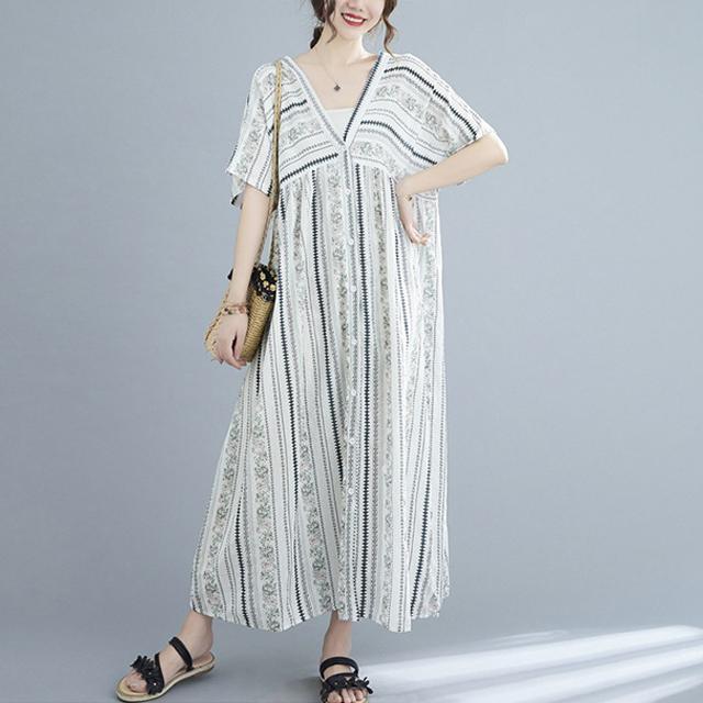 春新作 送料無料 花柄ワンピース ワンピース レディース 半袖 vネック ロング丈 マキシ丈ワンピース 春 夏 ロングシャツ ロングワンピース 花柄 体型カバー ゆったり オーバーサイズ きれいめ カジュアル_5