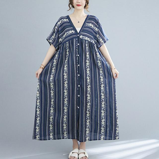 春新作 送料無料 花柄ワンピース ワンピース レディース 半袖 vネック ロング丈 マキシ丈ワンピース 春 夏 ロングシャツ ロングワンピース 花柄 体型カバー ゆったり オーバーサイズ きれいめ カジュアル_6