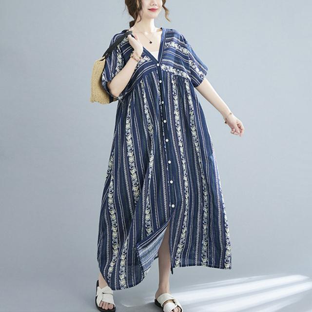 春新作 送料無料 花柄ワンピース ワンピース レディース 半袖 vネック ロング丈 マキシ丈ワンピース 春 夏 ロングシャツ ロングワンピース 花柄 体型カバー ゆったり オーバーサイズ きれいめ カジュアル_7