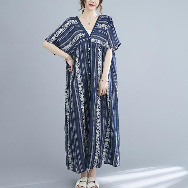 春新作 送料無料 花柄ワンピース ワンピース レディース 半袖 vネック ロング丈 マキシ丈ワンピース 春 夏 ロングシャツ ロングワンピース 花柄 体型カバー ゆったり オーバーサイズ きれいめ カジュアル_8