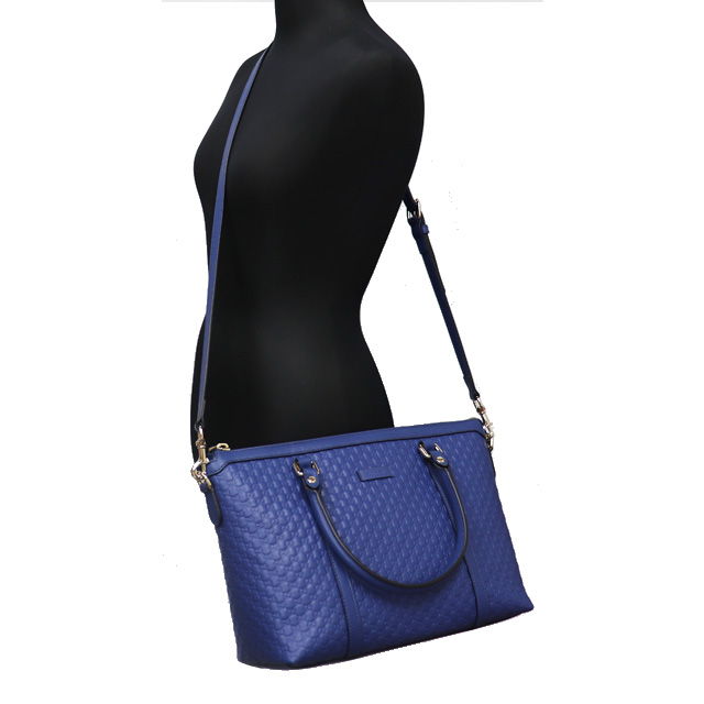 安心 グッチ GUCCI マイクログッチシマ 2way ハンドバッグ レザー 青 ブルー