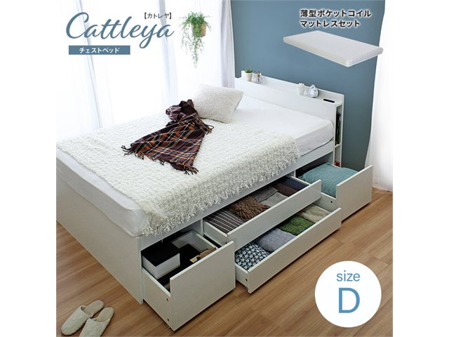 マットレスセット 棚付き 大容量 引き出し収納ベッド 薄型マットレス Cattleya【カトレヤ】 ダブル スタンザインテリア