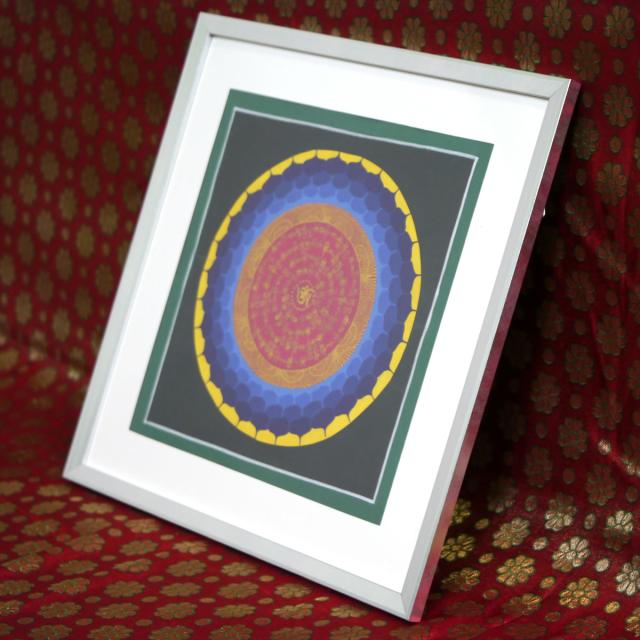 タンカ職人肉筆　手書きのチベタン タンカ 額装300角 観音菩薩の真言曼陀羅１点物 密教 アジアン雑貨