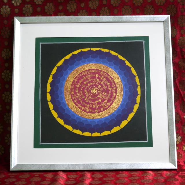 タンカ職人肉筆　手書きのチベタン タンカ 額装300角 観音菩薩の真言曼陀羅１点物 密教 アジアン雑貨