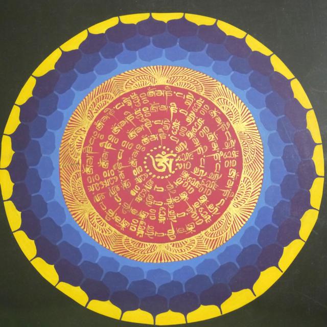 タンカ職人肉筆　手書きのチベタン タンカ 額装300角 観音菩薩の真言曼陀羅１点物 密教 アジアン雑貨