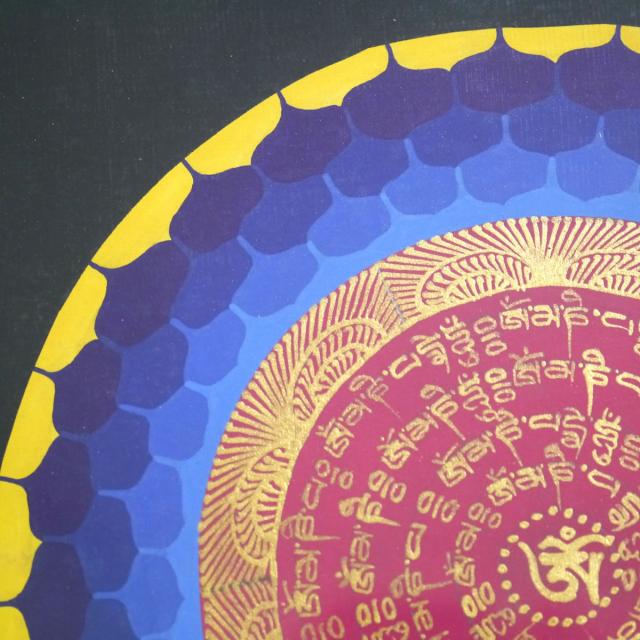 タンカ職人肉筆　手書きのチベタン タンカ 額装300角 観音菩薩の真言曼陀羅１点物 密教 アジアン雑貨