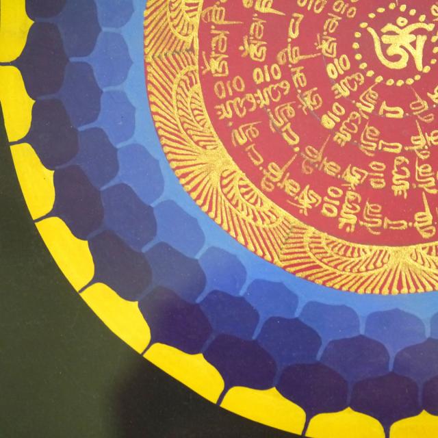 タンカ職人肉筆　手書きのチベタン タンカ 額装300角 観音菩薩の真言曼陀羅１点物 密教 アジアン雑貨