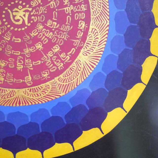 タンカ職人肉筆　手書きのチベタン タンカ 額装300角 観音菩薩の真言曼陀羅１点物 密教 アジアン雑貨