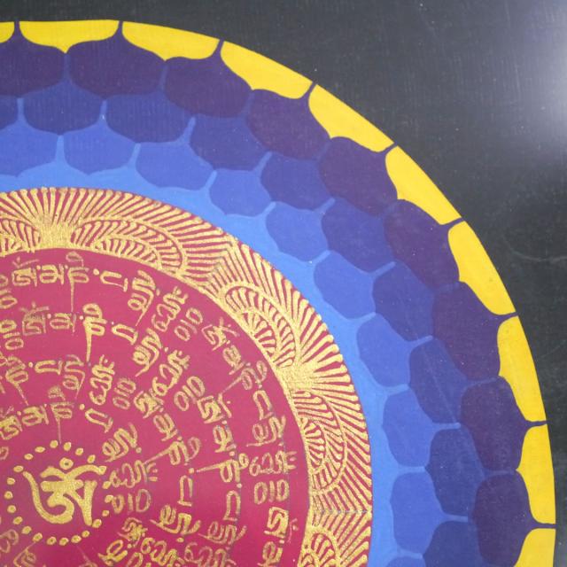 タンカ職人肉筆　手書きのチベタン タンカ 額装300角 観音菩薩の真言曼陀羅１点物 密教 アジアン雑貨