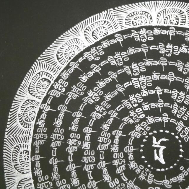 タンカ職人肉筆　手書きのチベタン タンカ 額装300角 観音菩薩の真言曼陀羅１点物 密教 アジアン雑貨_4