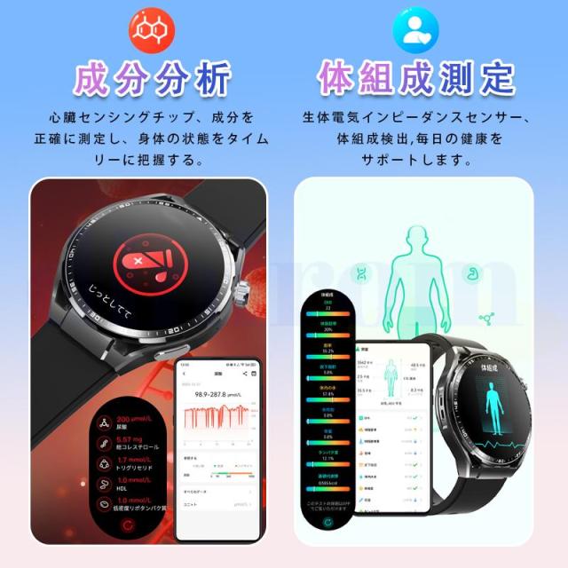 スマートウォッチ 血圧測定 心電図 心拍数 血中酸素 尿酸 血中脂質 24時間健康管理 体温測定 通話機能 睡眠 着信通知 歩数計 音楽?カメラ制御 天気予報_5