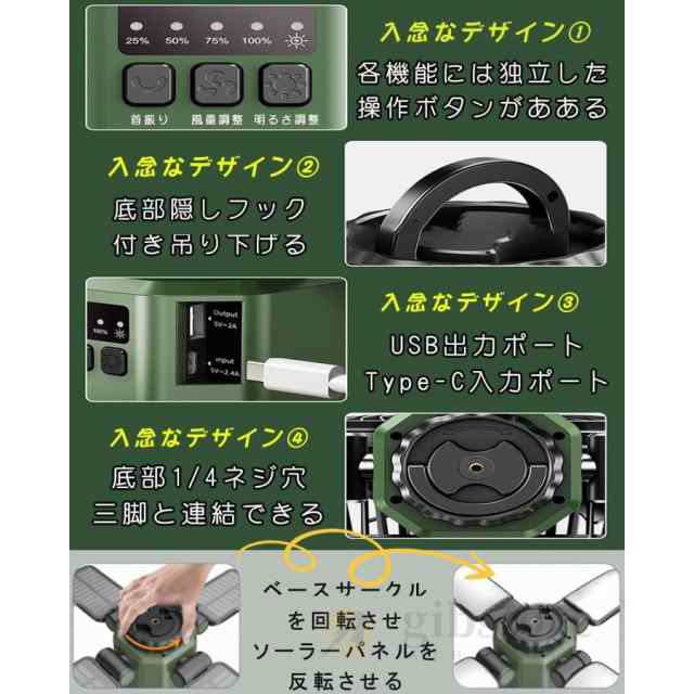 【ソロキャンプ必携】 扇風機 キャンプ扇風機 ソーラー扇風機 LED照明 6000mAh 超長航続 4 枚ソーラーパネル 自動首振り 瞬間冷却 強力送風 太陽光/USB充電式 省エネ 防災 熱中症対策 携帯扇風機 野球観戦 業務用 花火大会 アウトドア_9