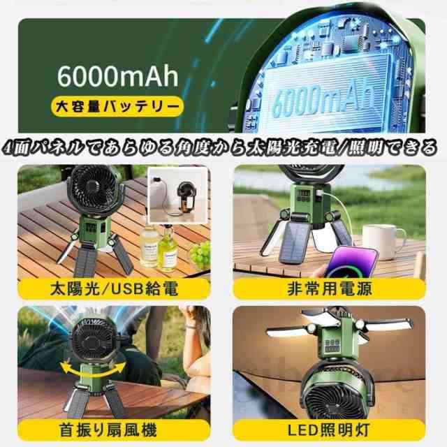 【ソロキャンプ必携】 扇風機 キャンプ扇風機 ソーラー扇風機 LED照明 6000mAh 超長航続 4 枚ソーラーパネル 自動首振り 瞬間冷却 強力送風 太陽光/USB充電式 省エネ 防災 熱中症対策 携帯扇風機 野球観戦 業務用 花火大会 アウトドア_2