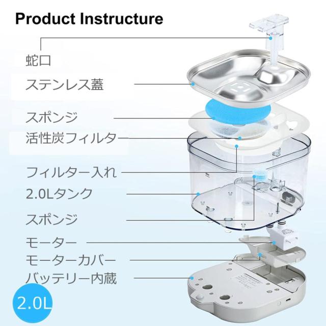 センサー給水器 水飲み器 ペット 自動給水器 コードレス 猫 犬 ステンレス製 超静音 フィルタープレゼント 2L大容量 多頭飼いも対応 洗いやすい ペット 給水機_14