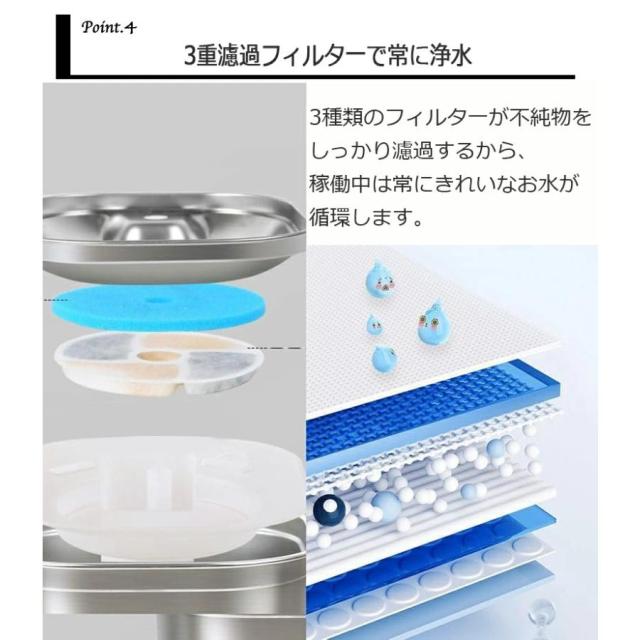 センサー給水器 水飲み器 ペット 自動給水器 コードレス 猫 犬 ステンレス製 超静音 フィルタープレゼント 2L大容量 多頭飼いも対応 洗いやすい ペット 給水機_8