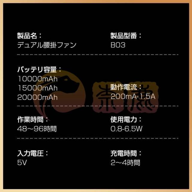腰掛け扇風機 首掛け 20000mAhモバイル 96H時間動作 バッテリー内蔵 風量199段階 双風口 強力 小型 静音 照明 懐中電灯 dcモーター 携帯 冷風機 熱中症対策_14