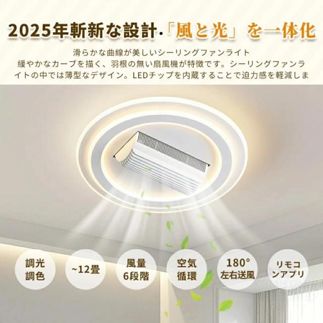 シーリングファン シーリングファンライト led 羽根なし10畳 12畳 調光調色 DCモーター 180°首振り 逆回転機能 リモコン付 APP対応 天井照明 扇風機 和室 静音