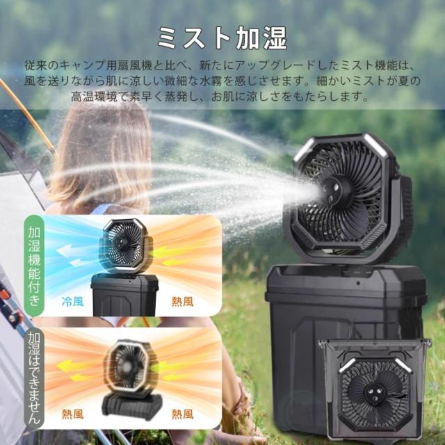 キャンプ 扇風機 アウトドア扇風機 冷風機 ミストファン 20000mAh 大容量バッテリー 自動首振り 6L水タンク 卓上扇風機 静音 USB充電式 加湿 サーキュレーター_4
