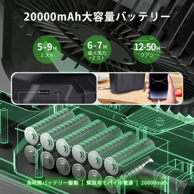 キャンプ 扇風機 アウトドア扇風機 冷風機 ミストファン 20000mAh 大容量バッテリー 自動首振り 6L水タンク 卓上扇風機 静音 USB充電式 加湿 サーキュレーター_9