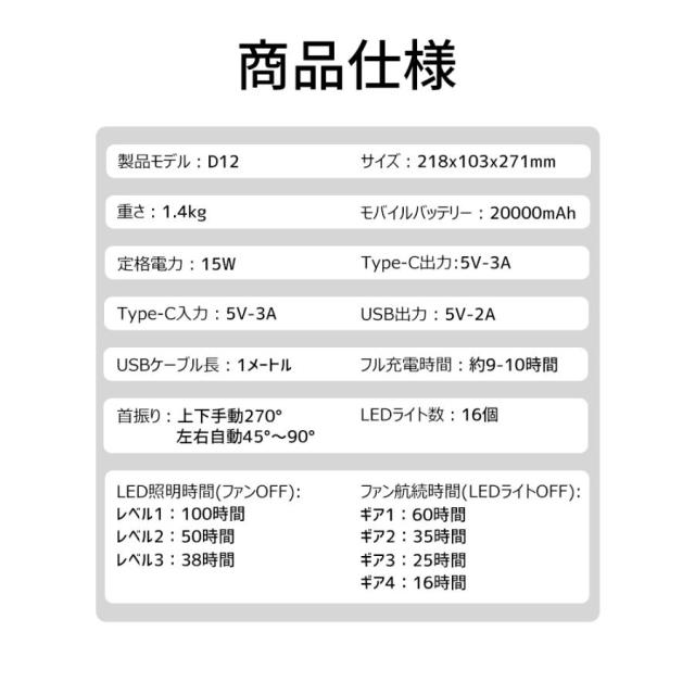 扇風機 首振り アウトドア 卓上扇風機 20000mAh モバイルバッテリー機能 ファン LED USB充電式 サーキュレーター 卓上 小型 キャンプ防災_2