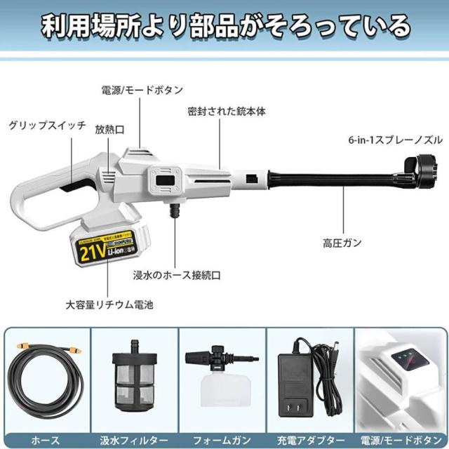 高圧洗浄機 充電式 コードレス 残量表示 5.0MPa 21vバッテリーと併用交換可能3つのギアモード 静音 高性能 300w パワフル お手軽 簡単 収納ケース 温水 洗車機