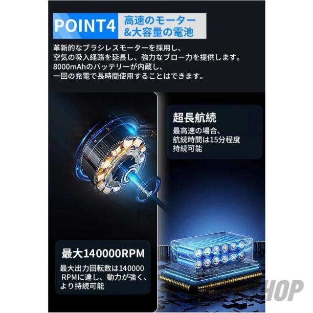 ミニジェットファン 充電式 ハイパワー ターボジェット 55M/S 140000RPM 強力 ブロワー 8000mAh 手持ち 電動エアダスター 除塵ファン 除雪 掃除 USB Type-C充電_5
