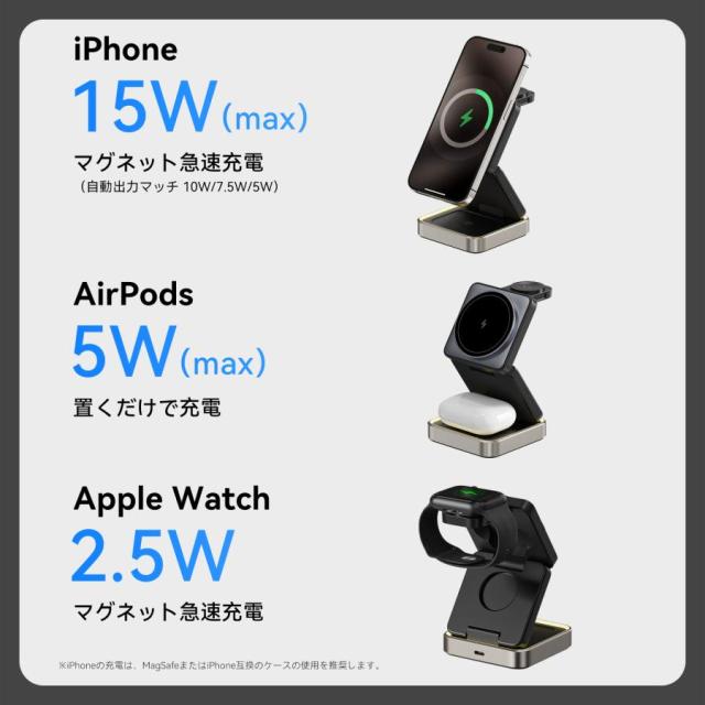 MagSafe ワイヤレス充電器 折りたたみ 3in1 マグネット式 QI 充電 スマホスタンド iPhone16 15 14 13 12 Airpods pro iWatch 15W_5