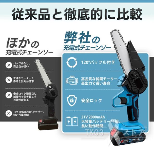 電動チェーンソー 高枝切り 充電式 マキタ バッテリー互換 角度調節可能 着脱式ポール コードレス 20cm切断可能 軽量 高枝切りバサミ 伸縮ポール付き 高枝チェーンソー チェーンソー 充電式 6インチ