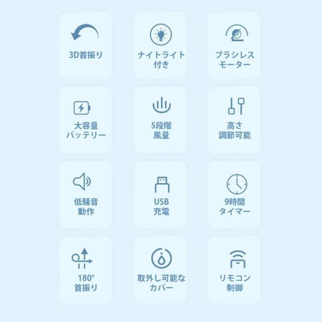 2026夏の新作 扇風機 サーキュレーター 3D首振り リビングファン DCモーター 9時間タイマー 静音 省エネ 5段階風量 コードレス扇風機 送風 高さ調節 USB充電式_4