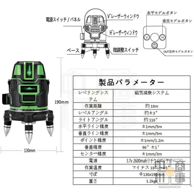 レーザー墨出し器 フルライン 5ライン グリーンレーザー墨出し器 レーザー墨出し レーザー墨だし グリーンレーザー レーザーレベル コンパクト レーザー 太さ 1.5mm 水平器 5線6点 軽量 防水 バッテリー 2個 家庭用_9