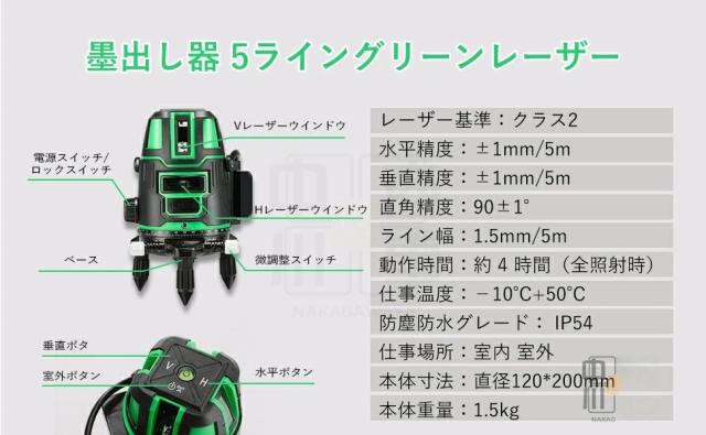 レーザー墨出し器 フルライン 5ライン グリーンレーザー墨出し器 レーザー墨出し レーザー墨だし グリーンレーザー レーザーレベル コンパクト レーザー 太さ 1.5mm 水平器 5線6点 軽量 防水 バッテリー 2個 家庭用_13