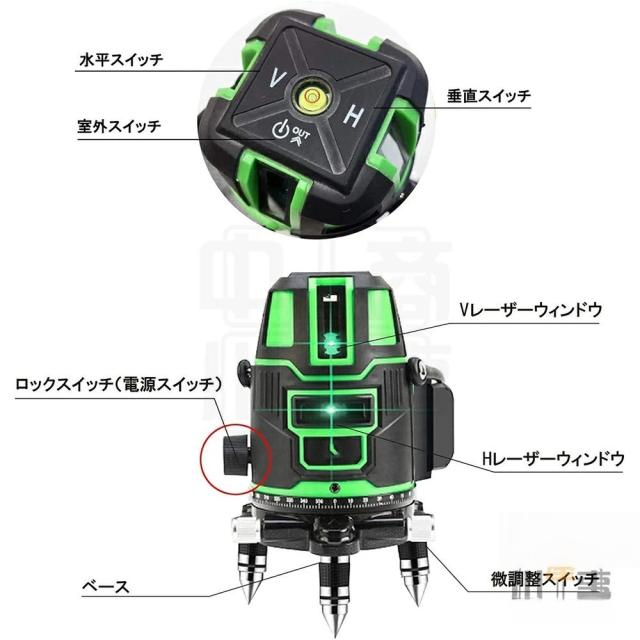 レーザー墨出し器 フルライン 5ライン グリーンレーザー墨出し器 レーザー墨出し レーザー墨だし グリーンレーザー レーザーレベル コンパクト レーザー 太さ 1.5mm 水平器 5線6点 軽量 防水 バッテリー 2個 家庭用_7