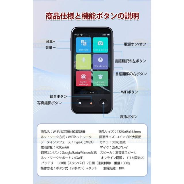 翻訳機 通訳機 Wi-Fi/4G回線対応 携帯 2025最新 135言語対応 リアルタイム