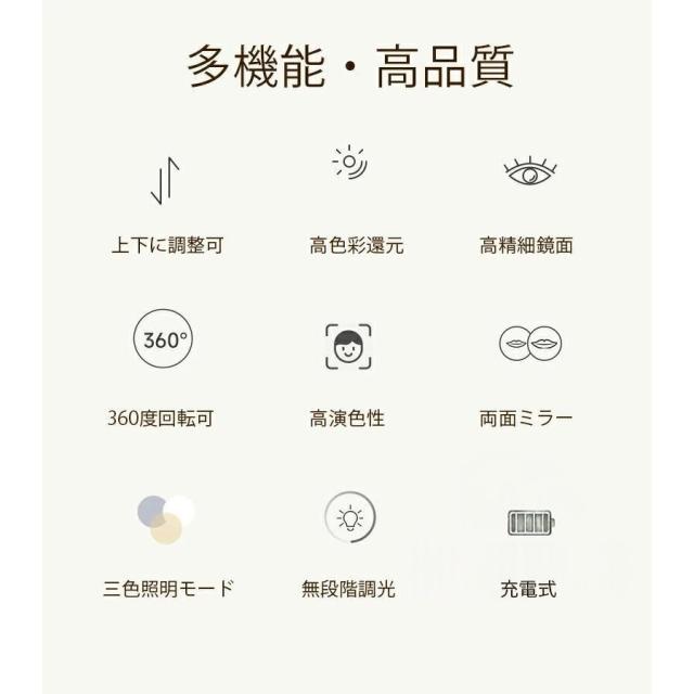 女優ミラー 卓上ミラー メイク鏡 充電式 ledライト付き 高さ調整 両面ミラー 360°回転 無段階調光 おしゃれ 3~10倍 拡大鏡 卓上鏡 ライト付き 2カラー ギフト