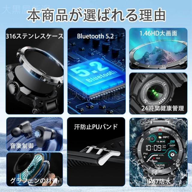 スマートウォッチ 日本製センサー 通話機能 血圧測定 血中酸素 高精度心拍数 睡眠管理 呼吸率 歩数計 100+運動モード 着信通知 IP67防水 ワイヤレスイヤホン付き_2