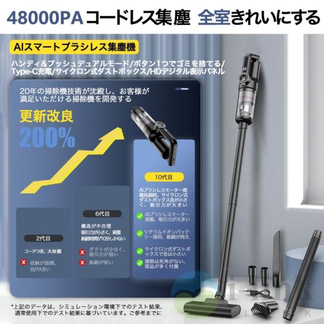 掃除機 コードレス 充電式 強力吸引 人気 サイクロン式 48000Pa 軽量ハンディ掃除機 5WAY USB-TypeC充電式 スティック 一人暮らし 省エネ 女性 車両用 2025最新_3