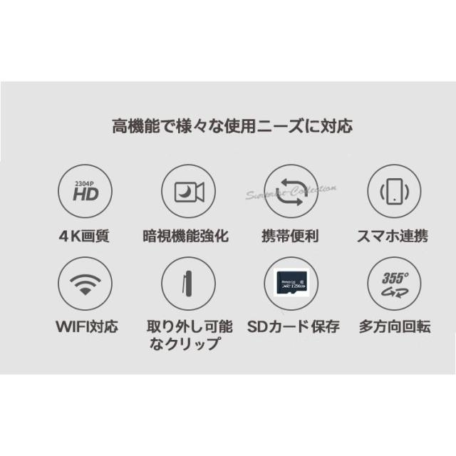 小型防犯カメラ リモート監視 アクションカメラ ビデオカメラ 4K 140°広角 クリップ 1/4ネジ穴 ワンタッチ録画 録音_2