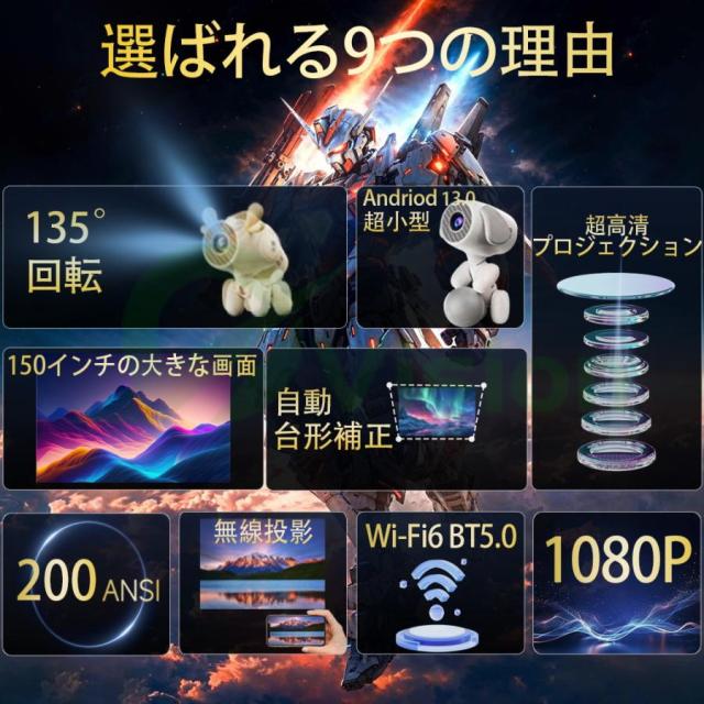 【2025超人気・超短距離0.8M天井投影 135°回転】プロジェクター 家庭用 軽量 小型 Android13 200ANSI 4K対応 静音 5G WiFi6 高性能 自動台形補 Bluetooth5.0_1