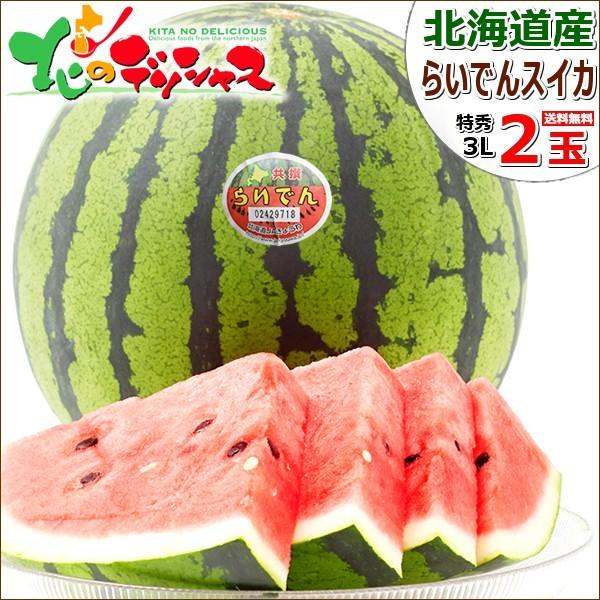 【予約】 北海道産 共和町 らいでんスイカ 2玉 (共撰/特秀品/サイズ:3L玉/1玉 7.0kg/クール便) フルーツ 果物 最高級 甘い 大玉 スイカ 西瓜 らいでん お中元 暑中見舞い 残暑見舞い ギフト 贈り物 プレゼント 自宅用 家庭用 人気 北海道 送料無料 お取り寄せの通販は