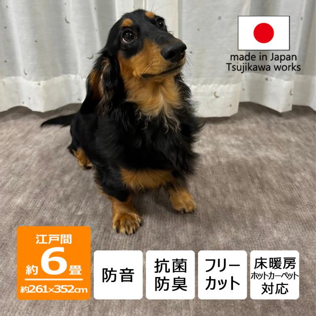 カーペット 六畳 6畳 くすみカラー 防音 厚手 日本製 ナンテン 江戸間 6畳用 261×352cm グレージュ ラグ 犬 猫 ペット対応 6帖 床暖対応 オールシーズン 絨毯 じゅうたん 敷物 フリーカット 辻川産業株式会社 Tsujikawa
