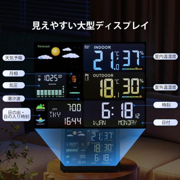 ウェザーステーション デジタル温湿度計 置き天気時計 RF無線天気予報/目覚まし時計 株式会社S＆L 室内外温湿度測定 日の出日の入時刻表示 天気予報機能_4
