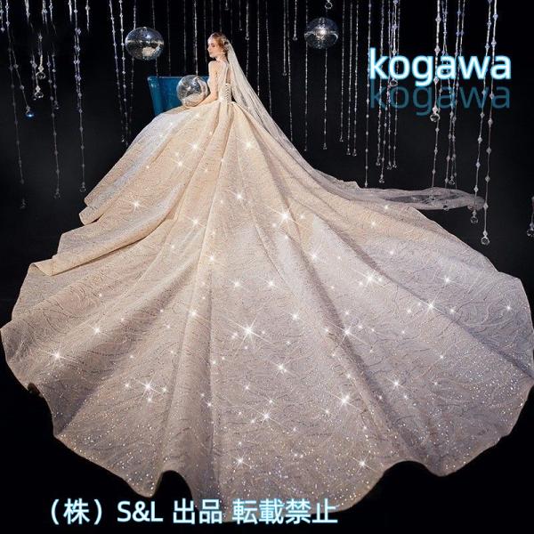 ロングトレーン 高級ウエディングドレスお花嫁ドレスプリンセスライン ブライダル パーティードレス スパンコール 株式会社S＆L 星空ワンピース 華やか 編み上げ