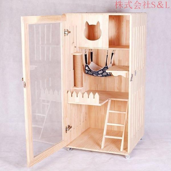 ペット用品　猫用キャビネット ネコトイレ 棚 リビング キャットトイレ 家具 木製キャットケージ　ヴィラ 株式会社S＆L無垢材_1