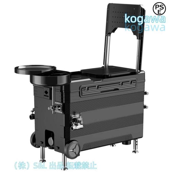 釣り用クーラーボックス 多機能32L 座れる頑丈マッスルボディ 防水 ハンドル キャスター付 漁具装備収納 S＆L釣り 保冷 脚高さ調整可 水栓付き ブラック