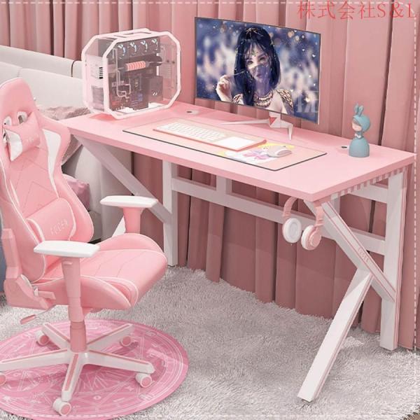 ゲーミングデスクPCデスクかわいいパソコンデスククゲーム用デスクひじ掛け付ゲーミングチェアカーボン天板S＆L机ワークデステーブルピンクのゲームテーブ_5