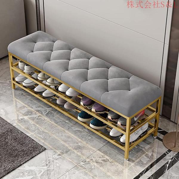 収納ベンチシューズラック/玄関椅子 ，2層収納付き 金属製の靴のベンチ玄関の靴の収納ベンチ、快適なクッションの入り口の靴のベンチS＆L おしゃれ ラック_1