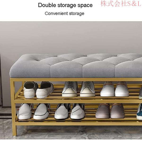 収納ベンチシューズラック/玄関椅子 ，2層収納付き 金属製の靴のベンチ玄関の靴の収納ベンチ、快適なクッションの入り口の靴のベンチS＆L おしゃれ ラック_3