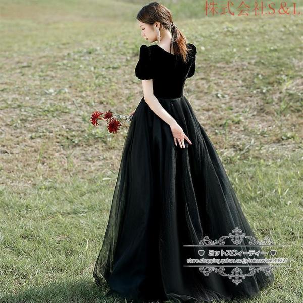 カラードレス カクテルドレス ロングドレス パーティードレス 発表会 演奏会 ステージドレス イブニングドレス S＆L 大人 ブラック 黒 パフスリーブ フォーマル カラードレス カクテルドレス ロングドレス パーティードレス 発表会